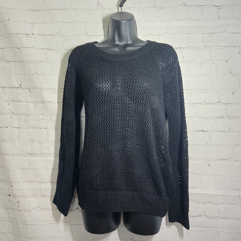 POOF Made With Move Black Open Knit Cotton Blend Top Sz Lg Boho Goth Grunge